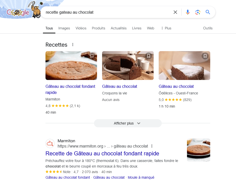 qu'est-ce que le SEO ? affichage des premiers résultats sur Google qui répondent au mot-clé "recette gateau au chocolat)