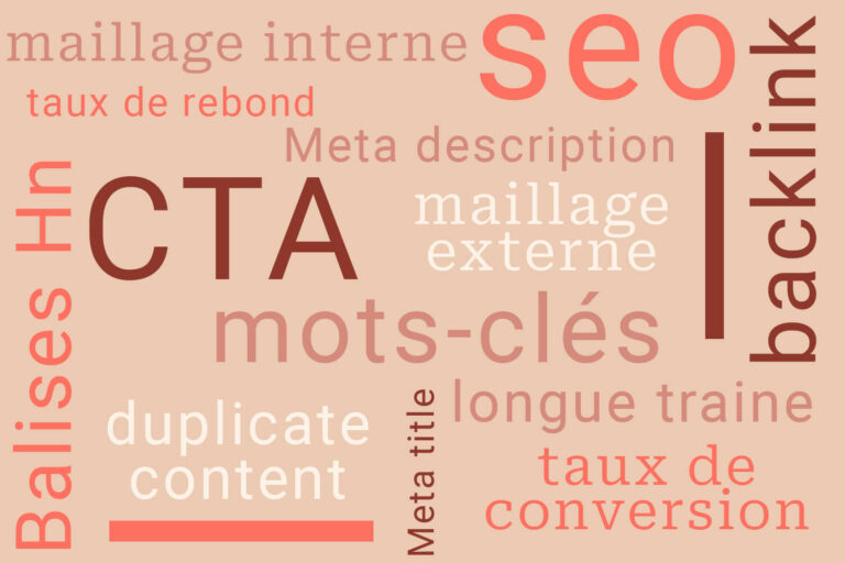 nuage du vocabulaire en rédaction web, cta, seo, maillage interne, etc